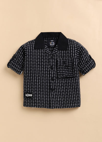 Boys Organic Woven Checkered Cotton Shacket Shirt, T- shirt, Pant Casual Set- Black