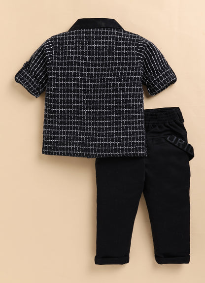 Boys Organic Woven Checkered Cotton Shacket Shirt, T- shirt, Pant Casual Set- Black