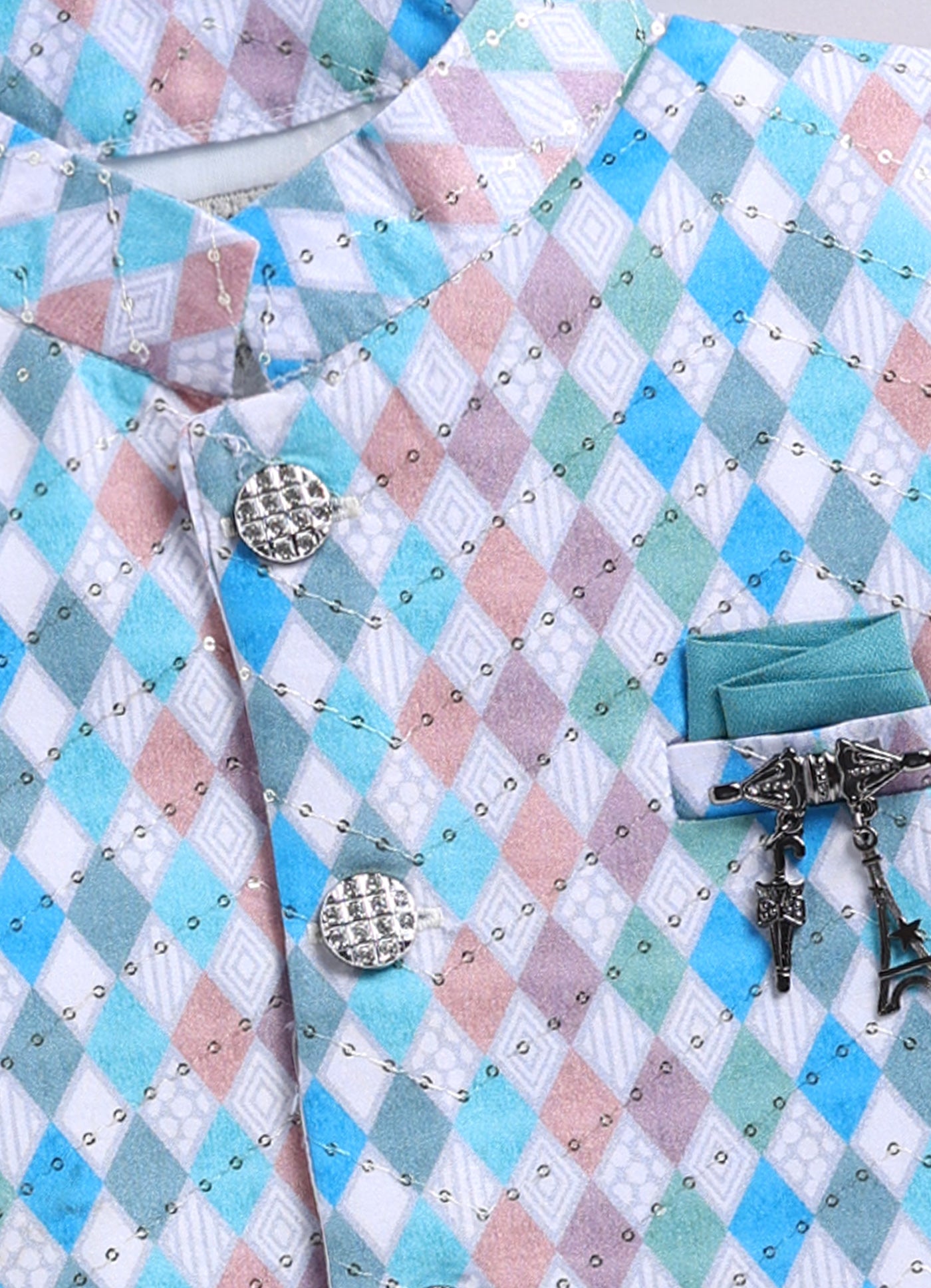Blended Silk Woven Full Sleeves Kurta Pajama with Geometrical Printed and Embroidered Nehru Jacket Ethnic Set- Teal