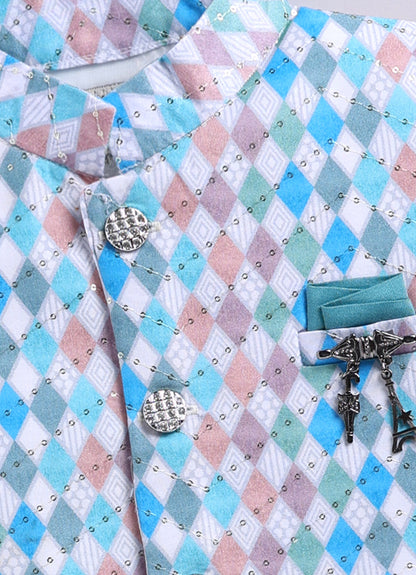 Blended Silk Woven Full Sleeves Kurta Pajama with Geometrical Printed and Embroidered Nehru Jacket Ethnic Set- Teal