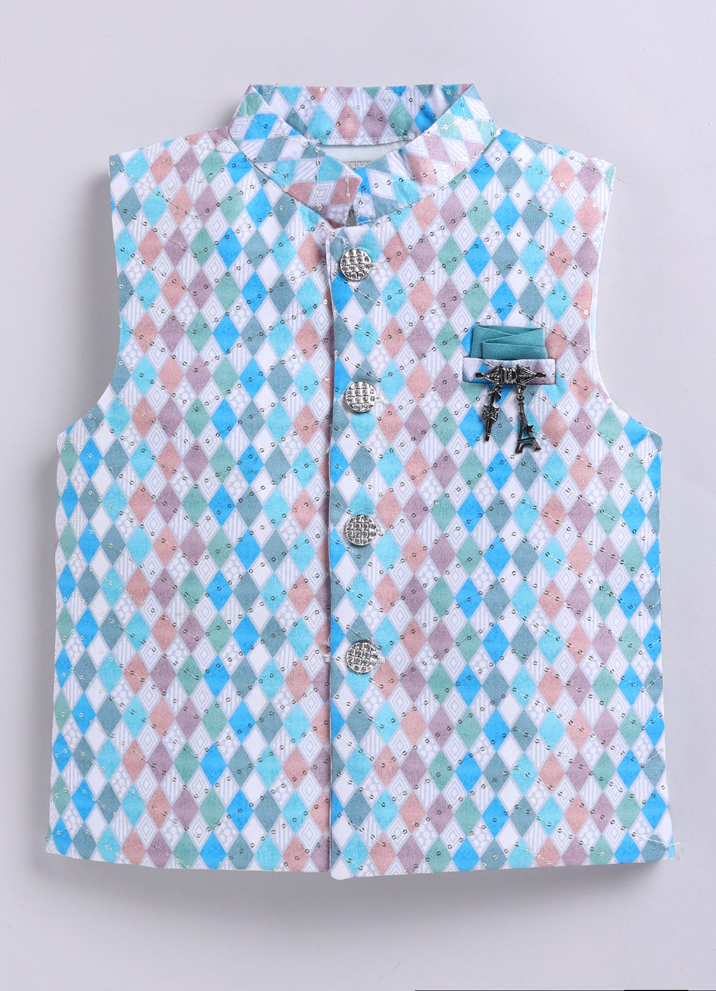 Blended Silk Woven Full Sleeves Kurta Pajama with Geometrical Printed and Embroidered Nehru Jacket Ethnic Set- Teal