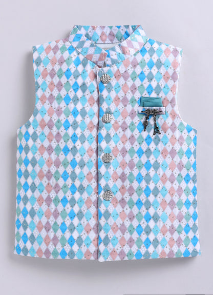 Blended Silk Woven Full Sleeves Kurta Pajama with Geometrical Printed and Embroidered Nehru Jacket Ethnic Set- Teal