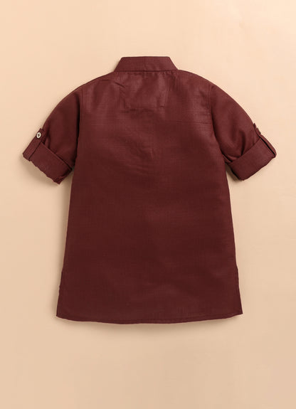 Pure Cotton Woven Full Sleeves Kurta Pajama with Multi Colour Floral Nehru Jacket Ethnic Set- Maroon