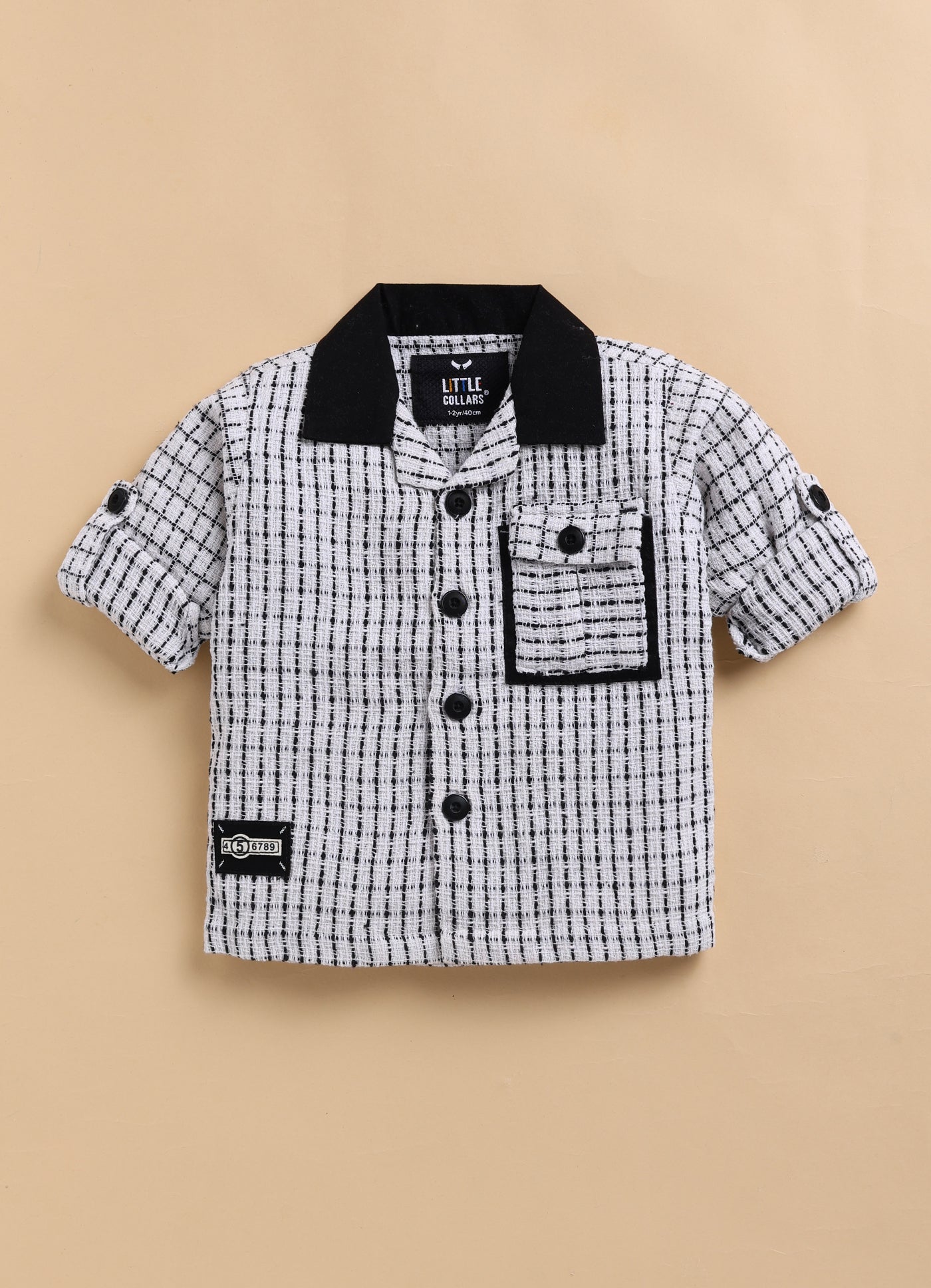 Boys Organic Woven Checkered Cotton Shacket Shirt, T- shirt, Pant Casual Set- White