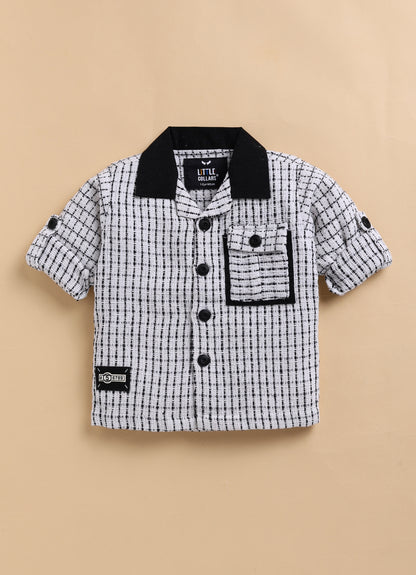 Boys Organic Woven Checkered Cotton Shacket Shirt, T- shirt, Pant Casual Set- White
