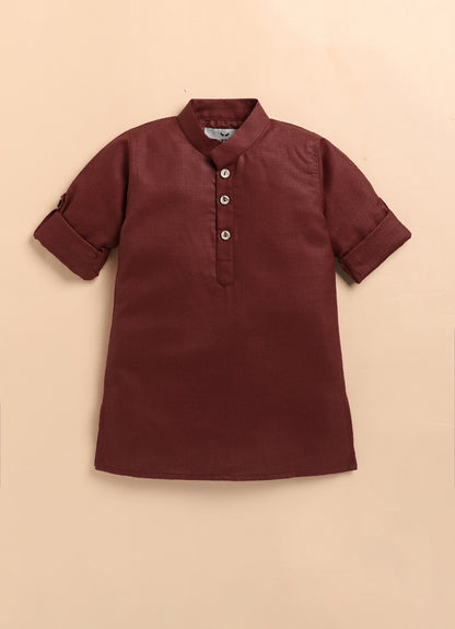 Pure Cotton Woven Full Sleeves Kurta Pajama with Multi Colour Floral Nehru Jacket Ethnic Set- Maroon