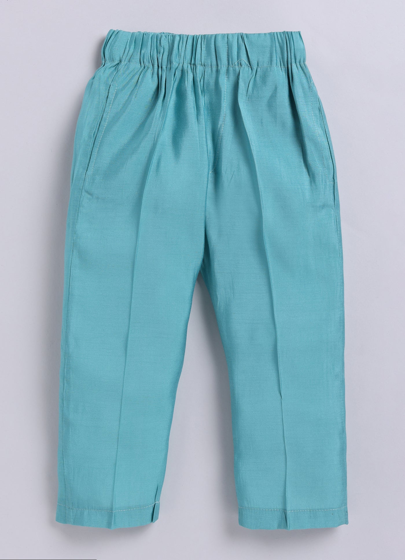 Blended Silk Woven Full Sleeves Kurta Pajama with Geometrical Printed and Embroidered Nehru Jacket Ethnic Set- Teal