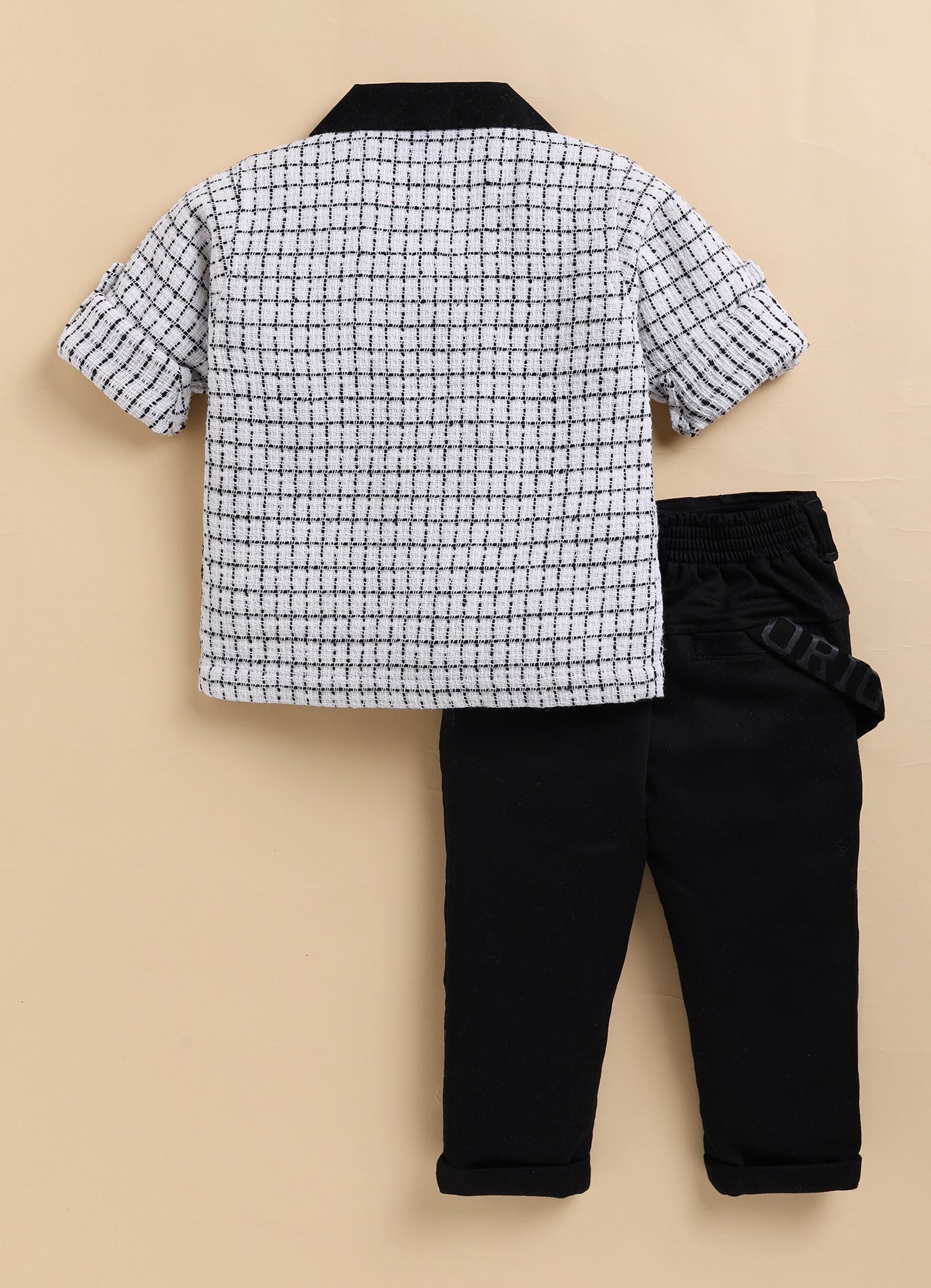 Boys Organic Woven Checkered Cotton Shacket Shirt, T- shirt, Pant Casual Set- White