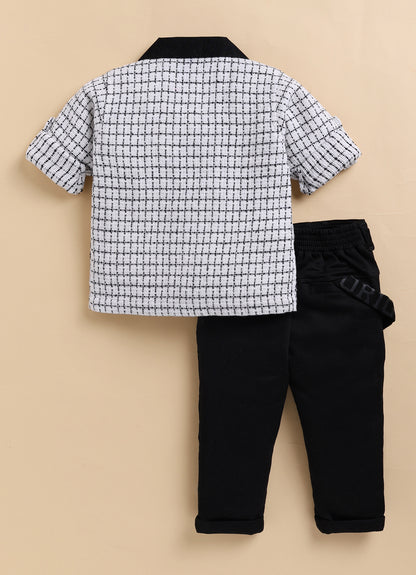 Boys Organic Woven Checkered Cotton Shacket Shirt, T- shirt, Pant Casual Set- White