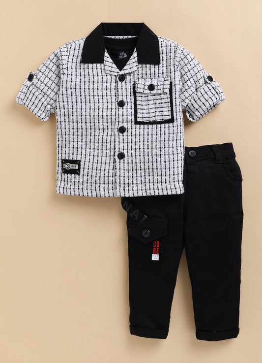 Boys Organic Woven Checkered Cotton Shacket Shirt, T- shirt, Pant Casual Set- White
