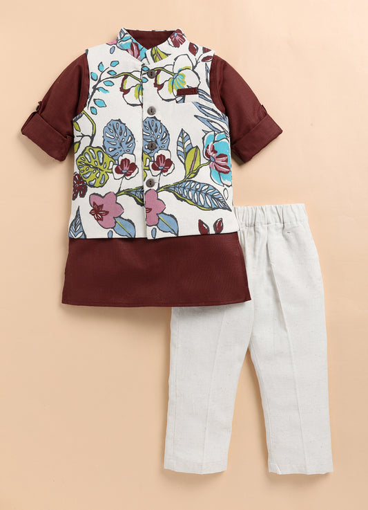 Pure Cotton Woven Full Sleeves Kurta Pajama with Multi Colour Floral Nehru Jacket Ethnic Set- Maroon