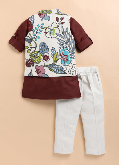 Pure Cotton Woven Full Sleeves Kurta Pajama with Multi Colour Floral Nehru Jacket Ethnic Set- Maroon