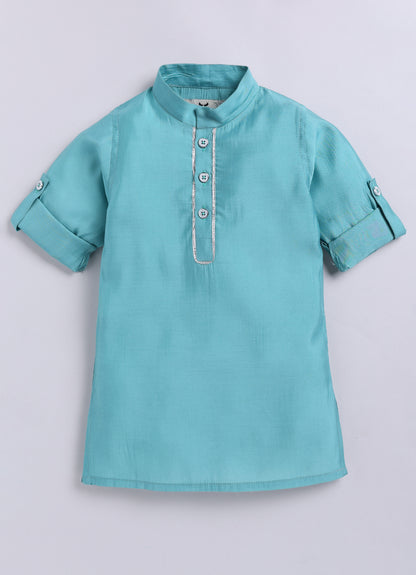 Blended Silk Woven Full Sleeves Kurta Pajama with Geometrical Printed and Embroidered Nehru Jacket Ethnic Set- Teal