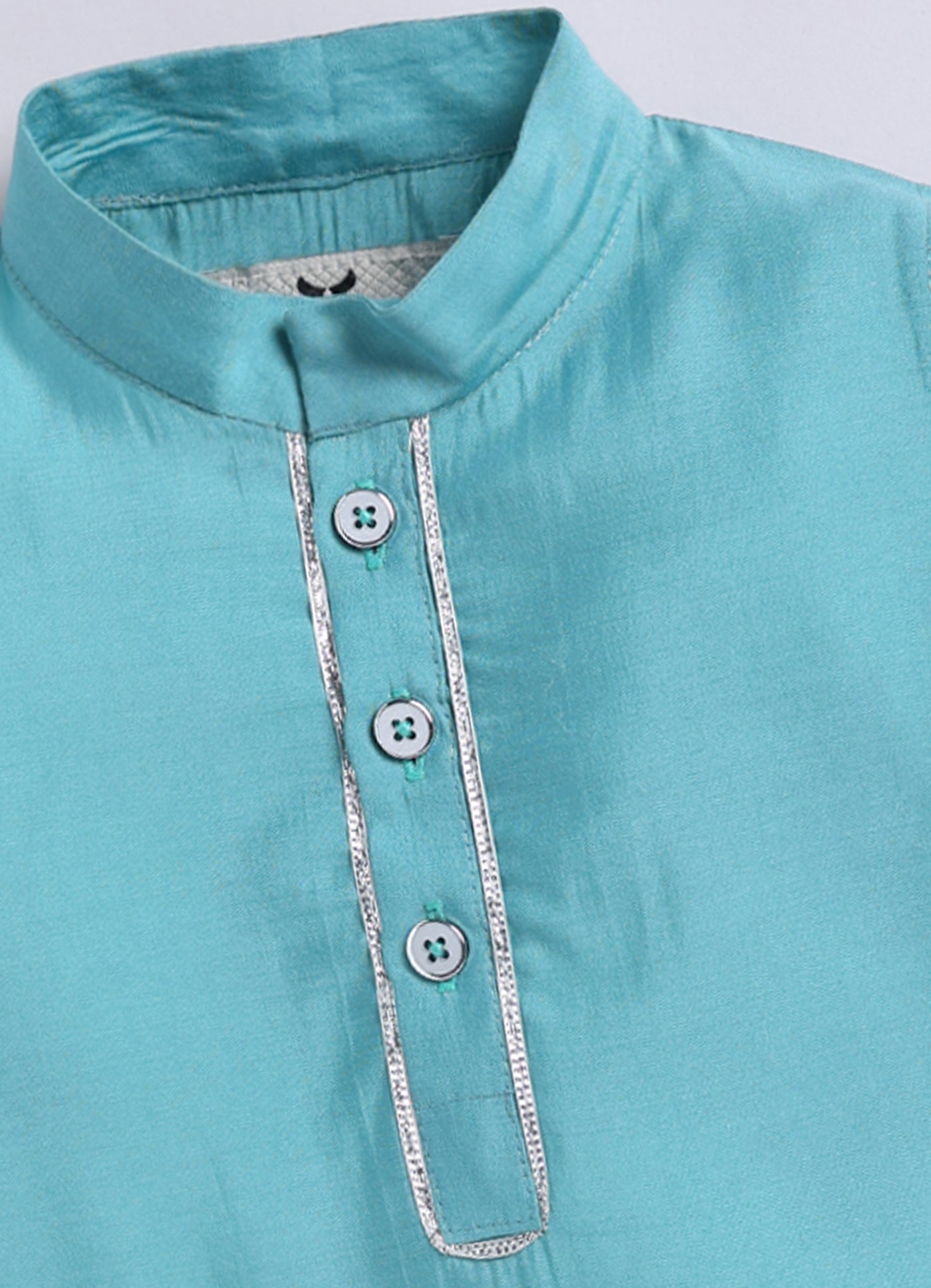 Blended Silk Woven Full Sleeves Kurta Pajama with Geometrical Printed and Embroidered Nehru Jacket Ethnic Set- Teal