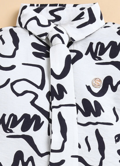 Poly Nylon Woven Full Sleeves Abstract Shirt Pant with Tie and Tie Pin Set- White