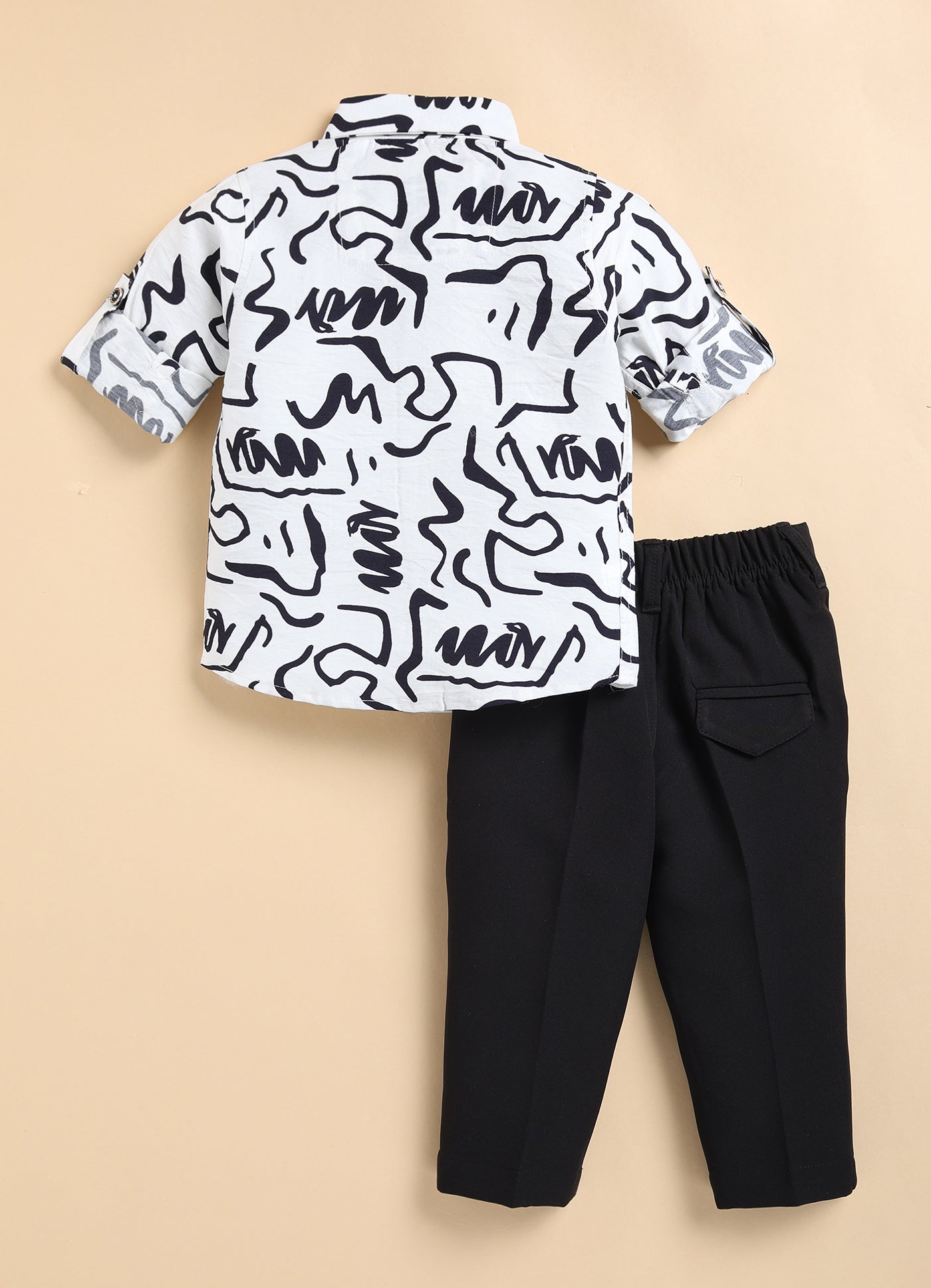 Poly Nylon Woven Full Sleeves Abstract Shirt Pant with Tie and Tie Pin Set- White