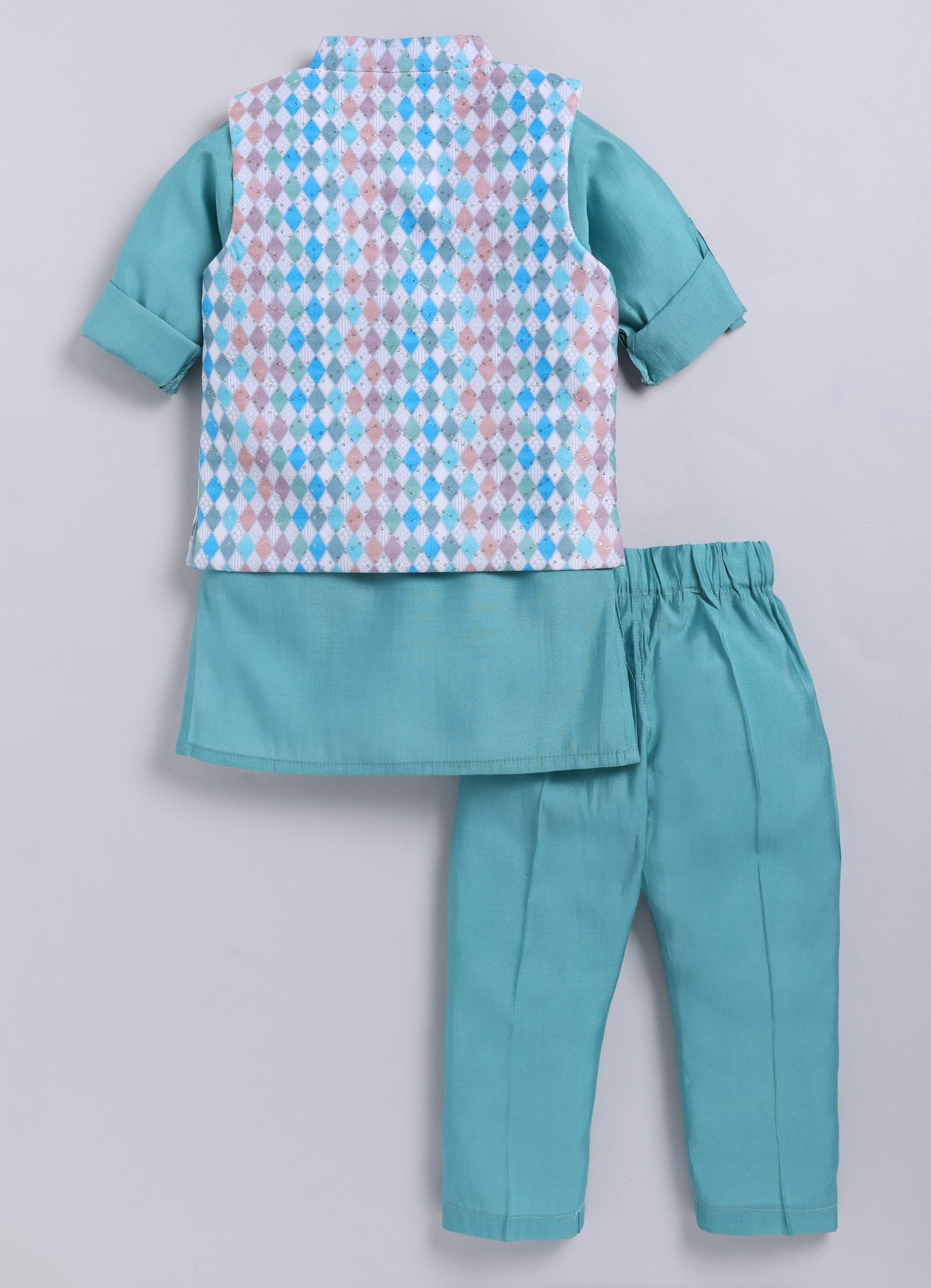 Blended Silk Woven Full Sleeves Kurta Pajama with Geometrical Printed and Embroidered Nehru Jacket Ethnic Set- Teal