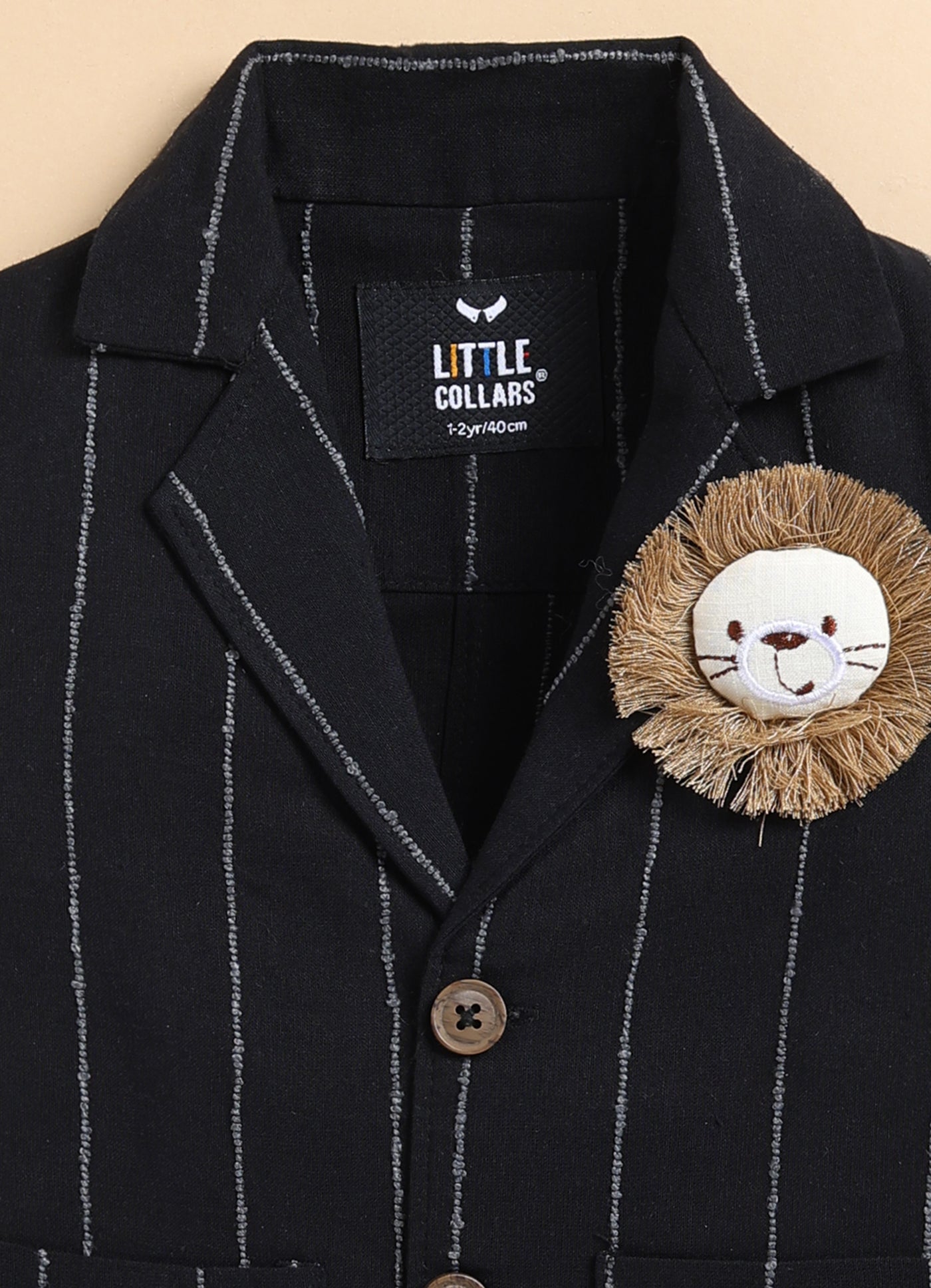 Boys Full Sleeves Cotton Striped Lion Coat Pant Shirt and Bow Coat Set- Black
