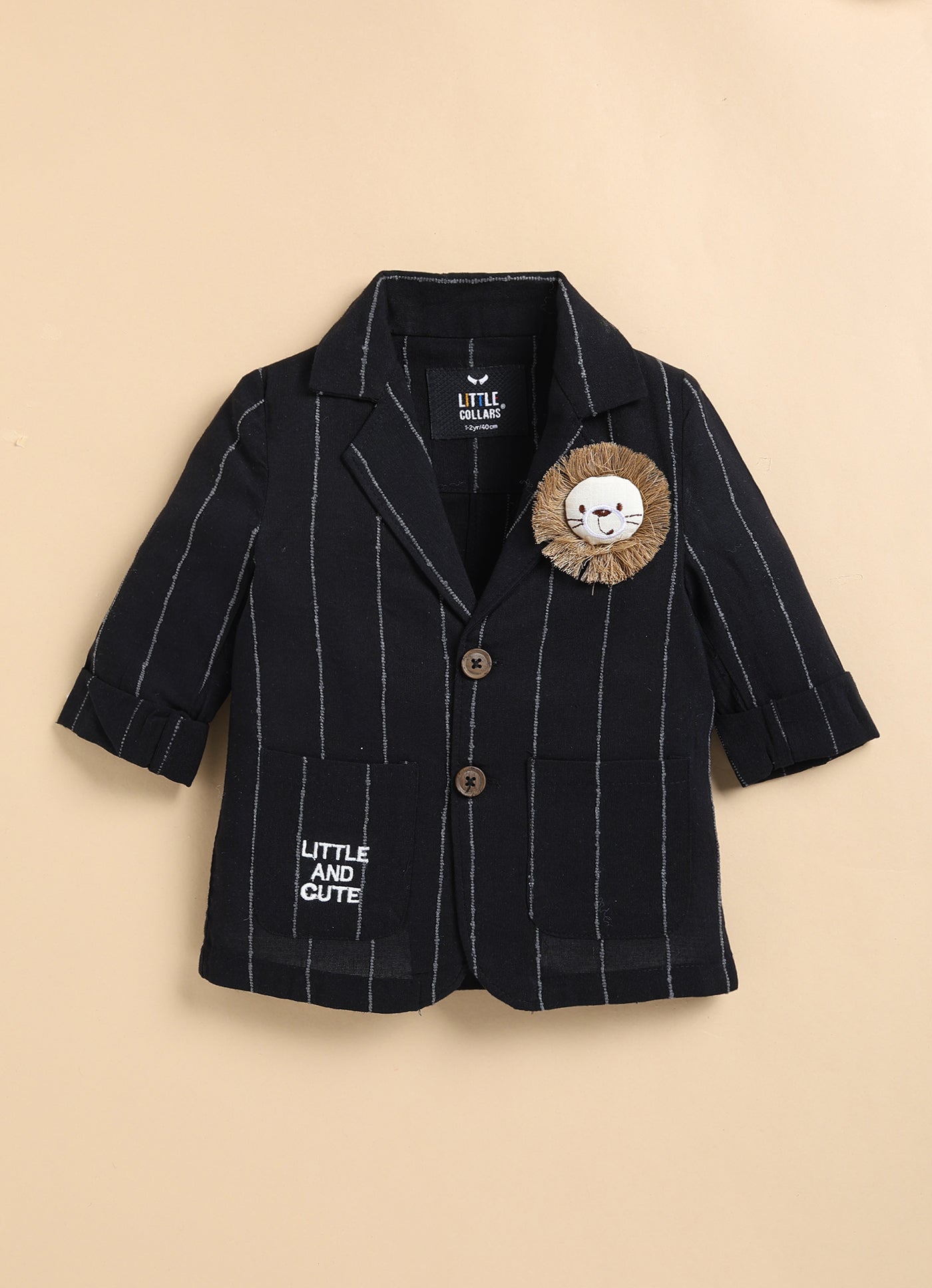 Boys Full Sleeves Cotton Striped Lion Coat Pant Shirt and Bow Coat Set- Black