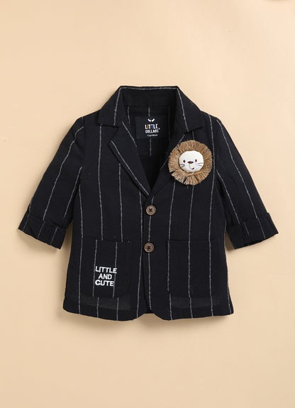 Boys Full Sleeves Cotton Striped Lion Coat Pant Shirt and Bow Coat Set- Black