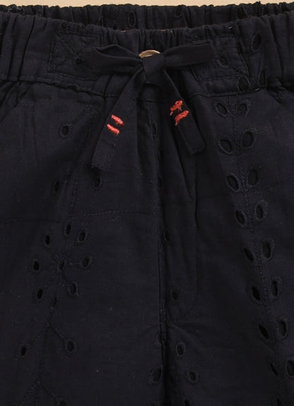 Boys Casual Pure Cotton Schiffli Shirt & Shorts Set with Tshirt - Black