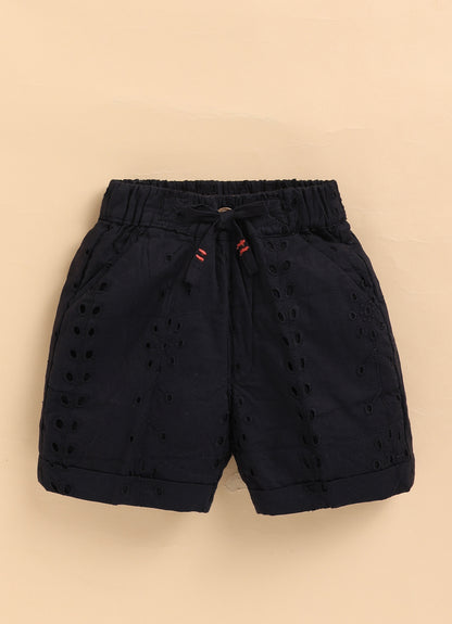 Boys Casual Pure Cotton Schiffli Shirt & Shorts Set with Tshirt - Black