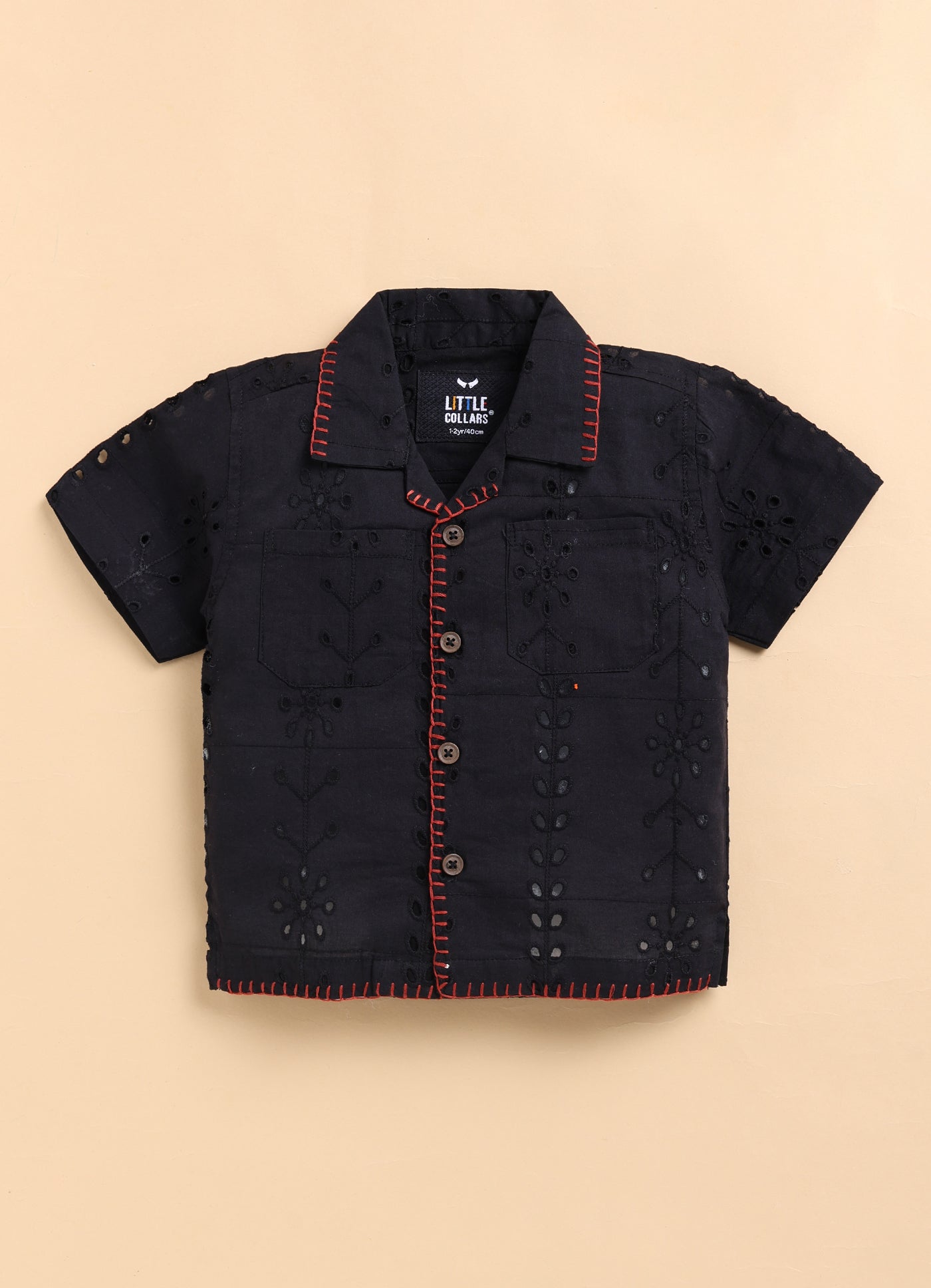 Boys Casual Pure Cotton Schiffli Shirt & Shorts Set with Tshirt - Black