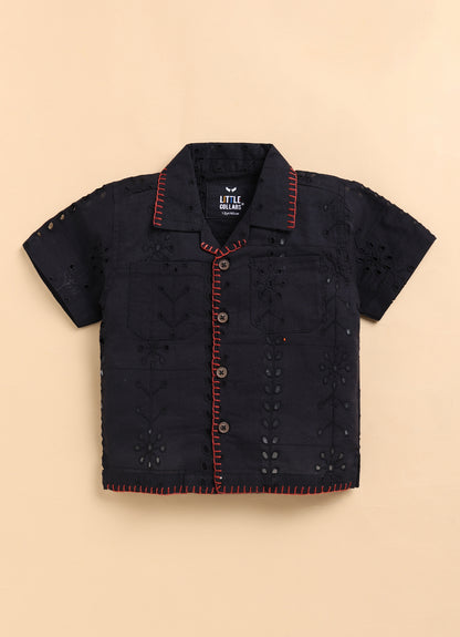 Boys Casual Pure Cotton Schiffli Shirt & Shorts Set with Tshirt - Black