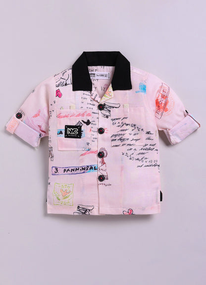 Little Collars Boys Alphabet Scribble Printed Shirt Pant Casual Set - Pink