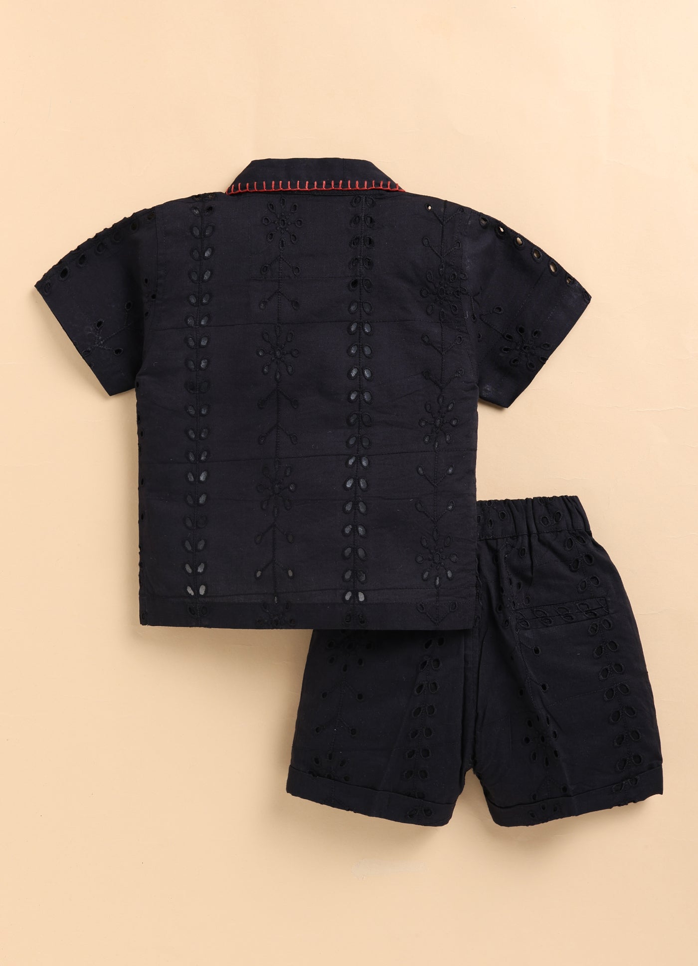 Boys Casual Pure Cotton Schiffli Shirt & Shorts Set with Tshirt - Black