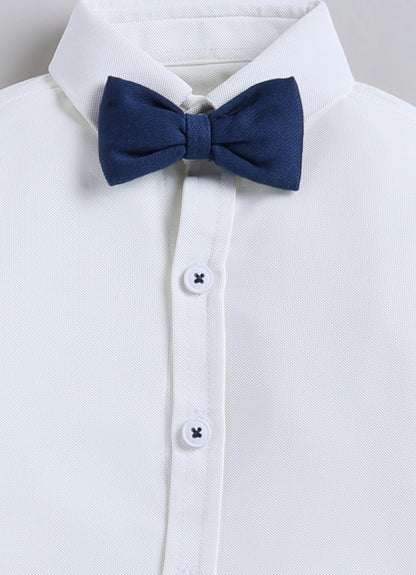 Boys Knitted Striped T-shirt, Shirt, Pant with Bow Casual Set- P.Blue