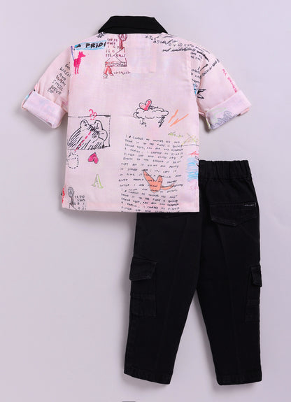 Little Collars Boys Alphabet Scribble Printed Shirt Pant Casual Set - Pink