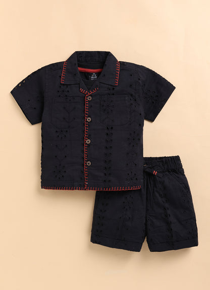 Boys Casual Pure Cotton Schiffli Shirt & Shorts Set with Tshirt - Black