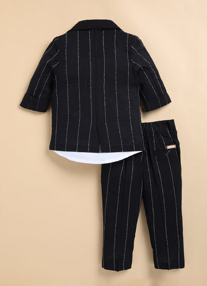 Boys Full Sleeves Cotton Striped Lion Coat Pant Shirt and Bow Coat Set- Black