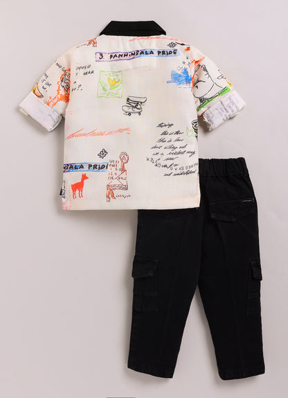 Boys Alphabet Scribble Printed Shirt Pant Casual Set - Beige