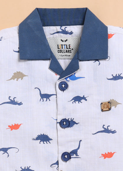 Pure Cotton Woven Half Sleeves Dinosaur Print Cuban Collar Shirt with Shorts Casual Set- Blue
