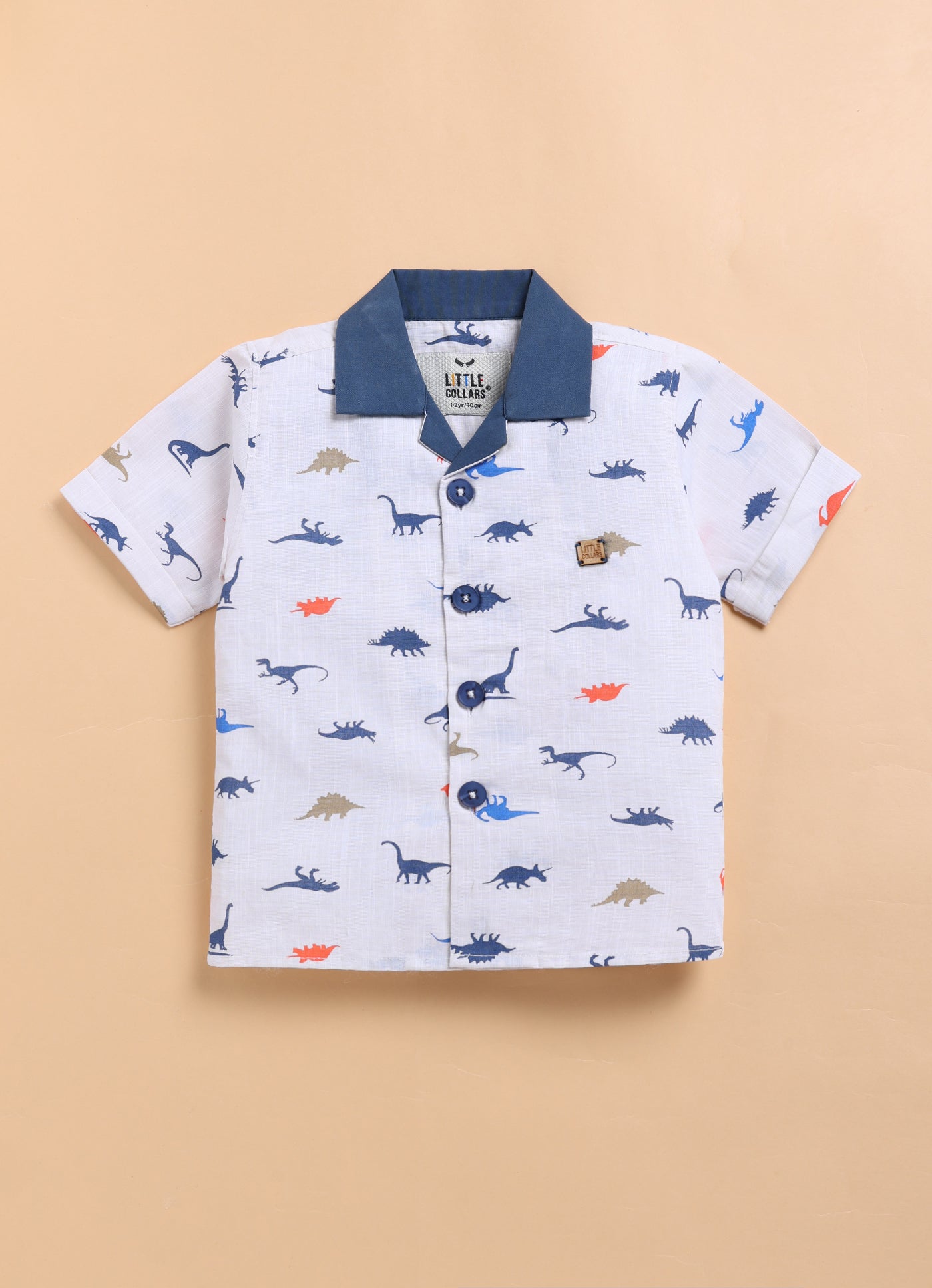 Pure Cotton Woven Half Sleeves Dinosaur Print Cuban Collar Shirt with Shorts Casual Set- Blue