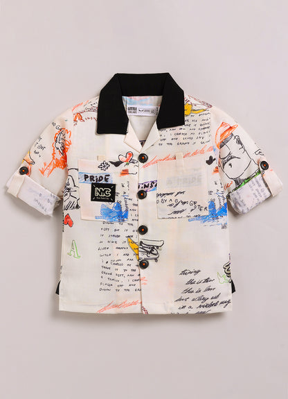 Boys Alphabet Scribble Printed Shirt Pant Casual Set - Beige
