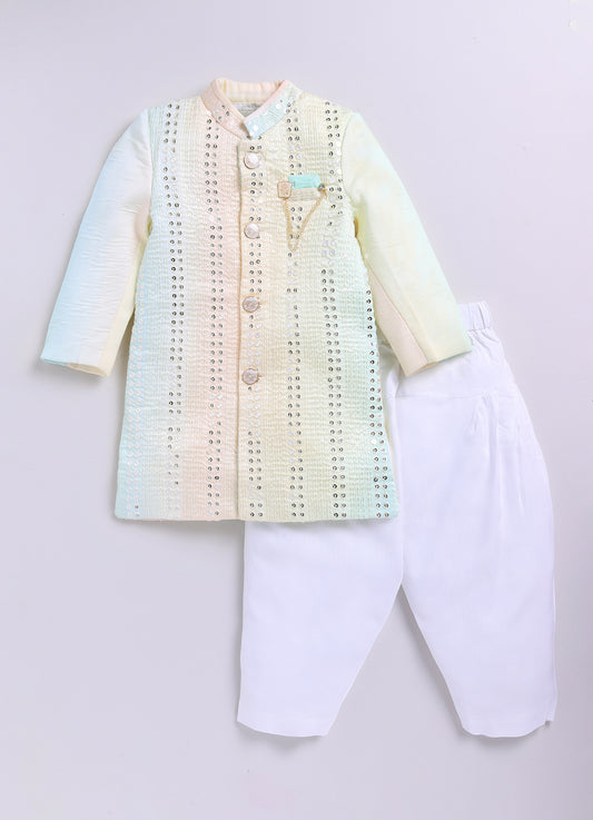 Blended Silk Full Sleeves Self Texture Ombre heavy Embroidered Achkan Bandhgala with Patiala and Brooch Ethnicwear Set- Green