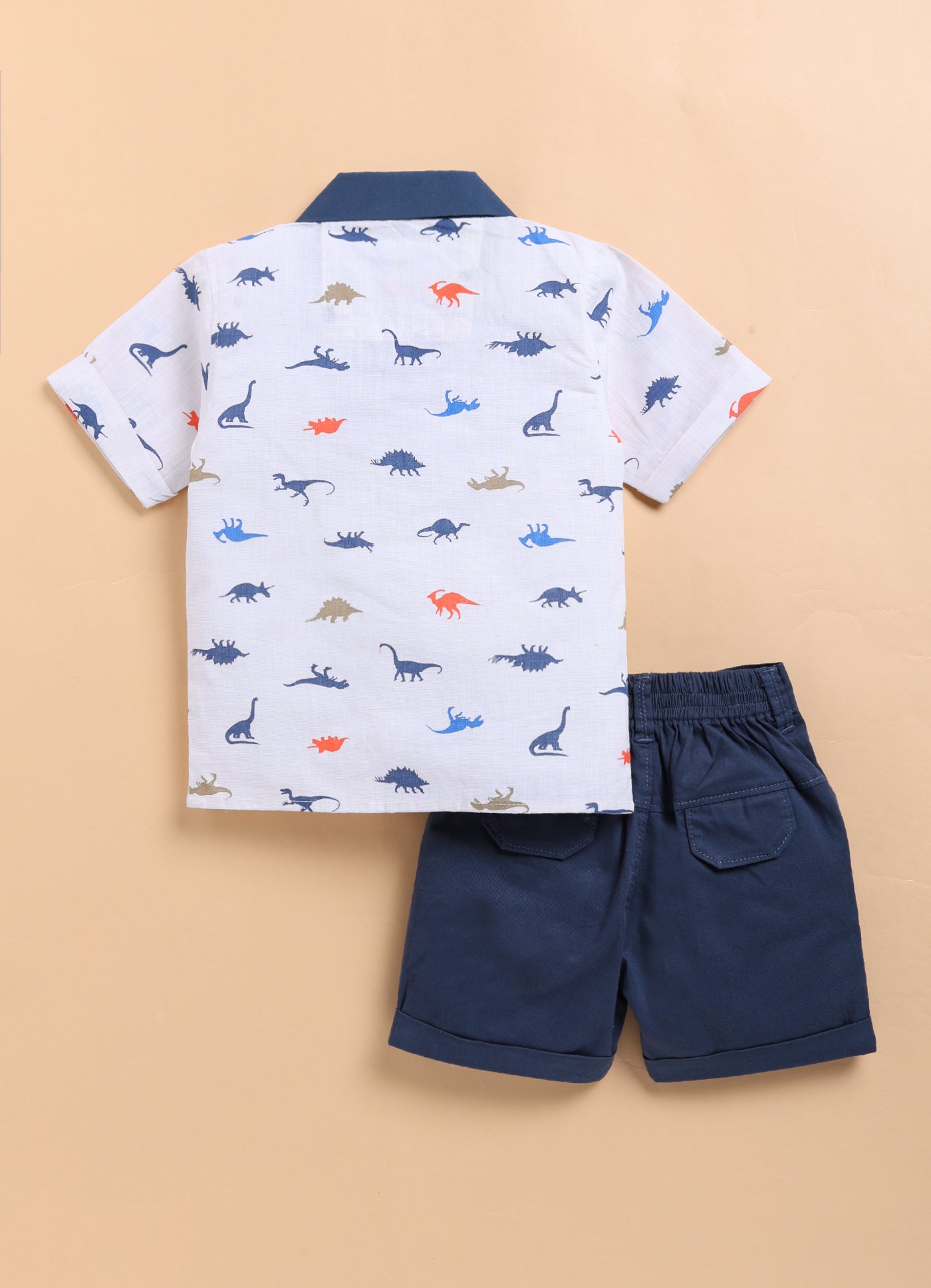 Pure Cotton Woven Half Sleeves Dinosaur Print Cuban Collar Shirt with Shorts Casual Set- Blue