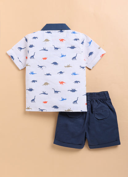Pure Cotton Woven Half Sleeves Dinosaur Print Cuban Collar Shirt with Shorts Casual Set- Blue
