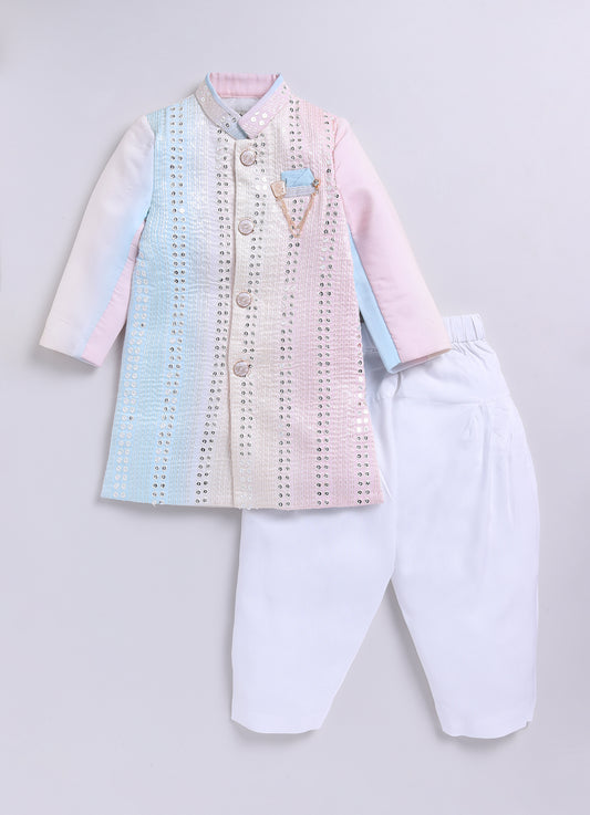 Blended Silk Full Sleeves Self Texture Ombre heavy Embroidered Achkan Bandhgala with Patiala and Brooch Ethnicwear Set- Blue