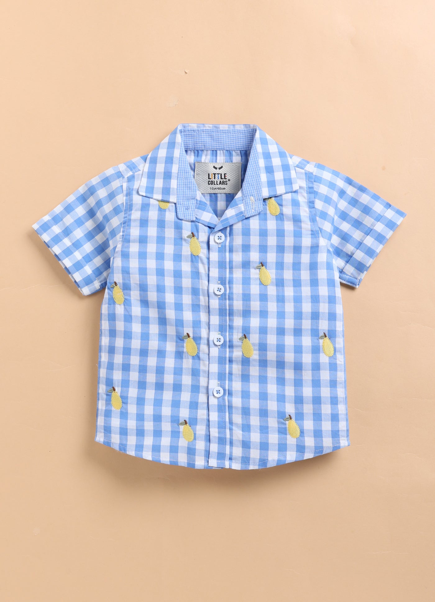 Pure Cotton Woven Half Sleeves Checks Shirt with Pear Embroidery, Pant with T-shirt Casual Set- Sky