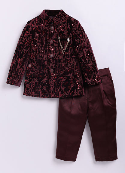 Velvet Full Sleeves Heavy All over Embellished and Embroidered Bandhgala Prince Coat with Trousers Ethnicwear Set- Maroon