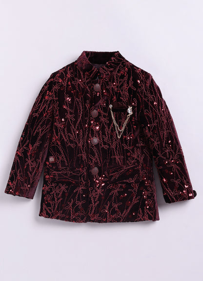 Velvet Full Sleeves Heavy All over Embellished and Embroidered Bandhgala Prince Coat with Trousers Ethnicwear Set- Maroon
