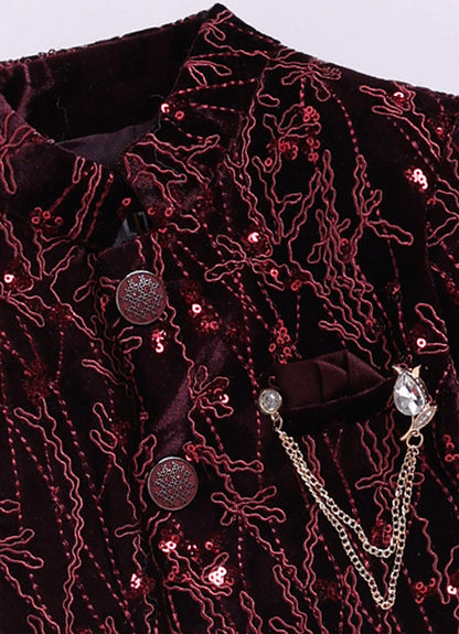 Velvet Full Sleeves Heavy All over Embellished and Embroidered Bandhgala Prince Coat with Trousers Ethnicwear Set- Maroon