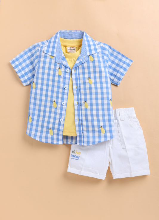 Pure Cotton Woven Half Sleeves Checks Shirt with Pear Embroidery, Pant with T-shirt Casual Set- Sky