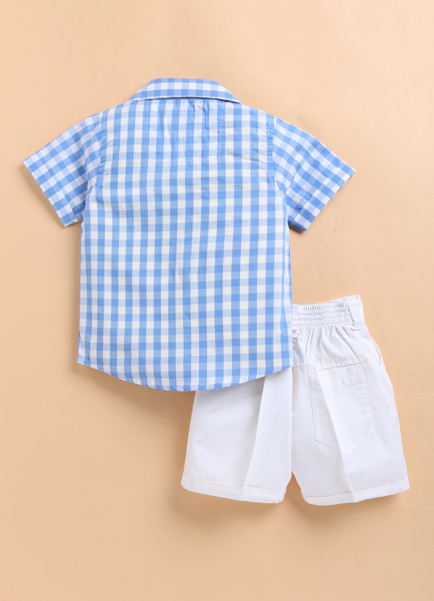 Pure Cotton Woven Half Sleeves Checks Shirt with Pear Embroidery, Pant with T-shirt Casual Set- Sky