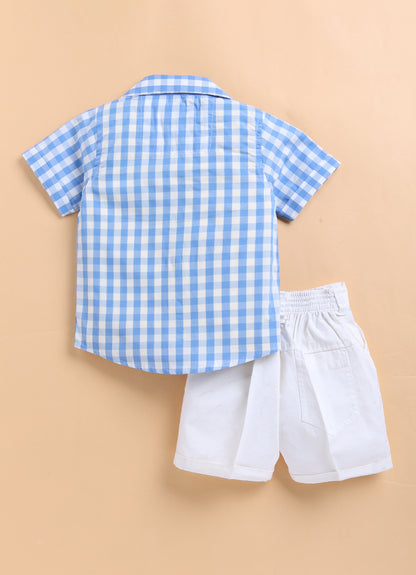Pure Cotton Woven Half Sleeves Checks Shirt with Pear Embroidery, Pant with T-shirt Casual Set- Sky