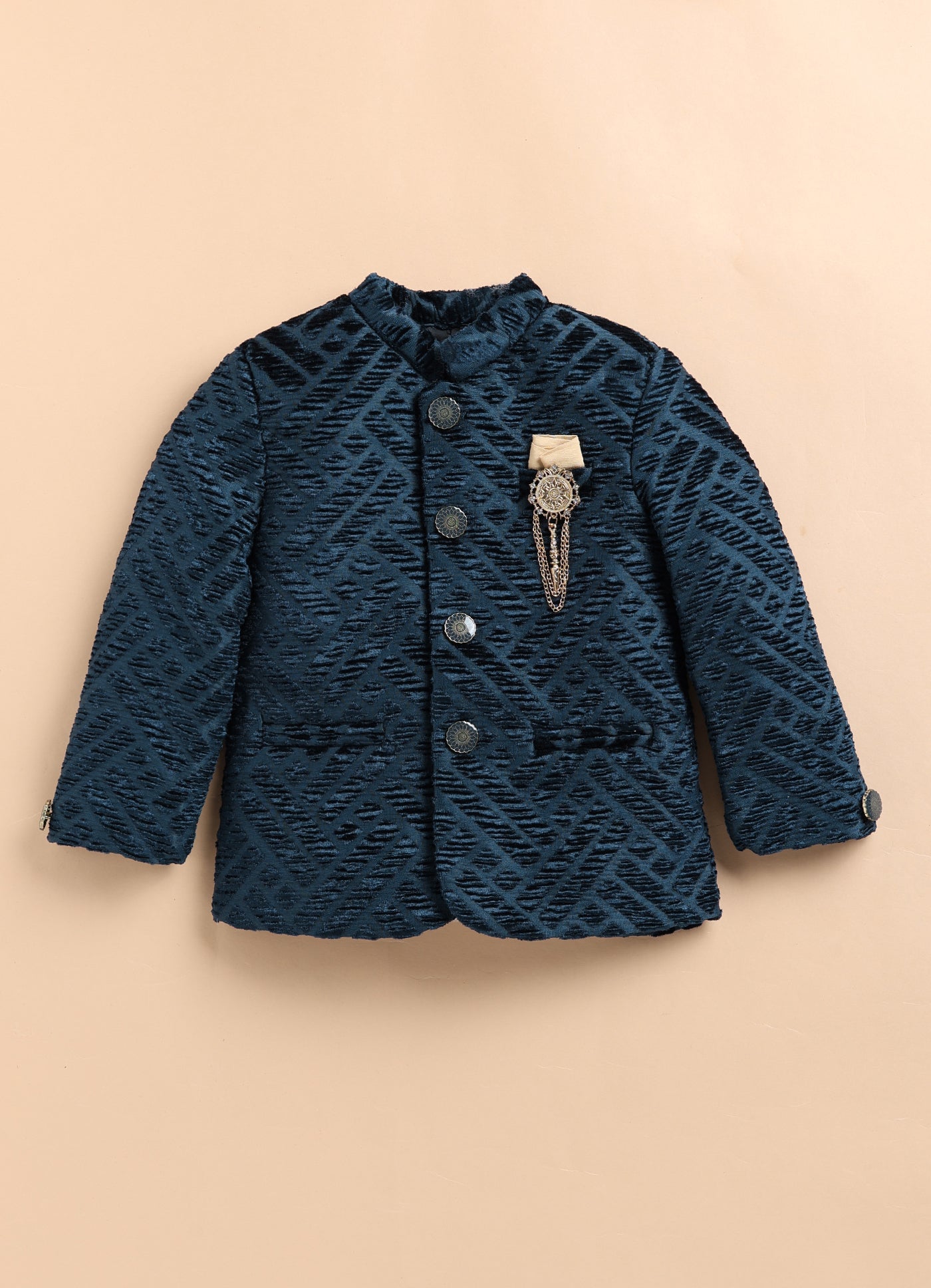 Velvet Woven Full Sleeves Self Textured Diagonal Design Prince Coat With Brooch & Solid Pant Party Wear Set - Blue